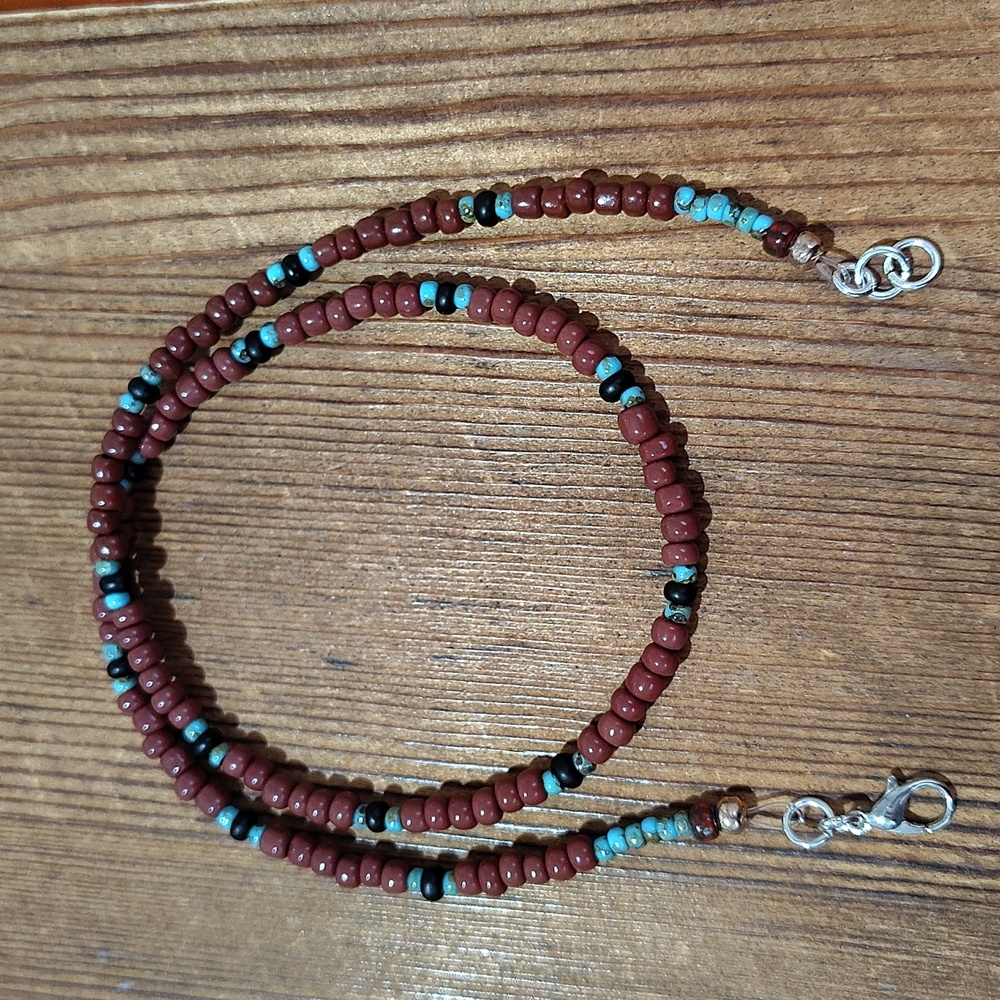 Men's 18 Brown and Blue Turquois Beaded Necklace, Handmade Men's Necklace